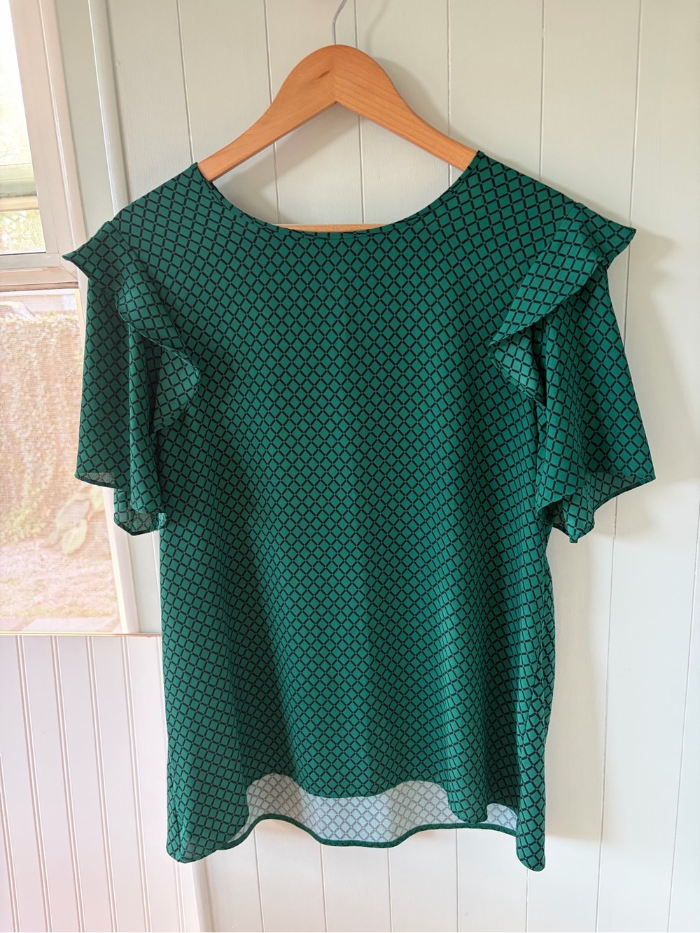 Ann Taylor Teal Geometric Flutter Sleeve Blouse